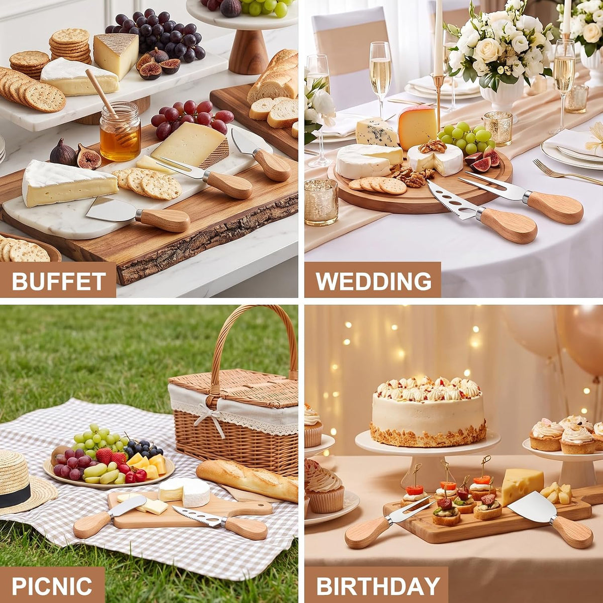 6 Pcs Cheese Knives Set with Wooden Handle, Mini Steel Stainless Cheese knife set for Charcuterie and Cheese spread, Perfect for Cheese Slicer and Butter Cutter
