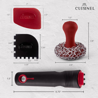 Cuisinel Cast Iron Scrubber Cleaning Brush + Pan/Grill Scraper - Skillet and Grill Cleaner Kit - Soft-Touch Confident-Grip Dish Scrub Tool - Tough on Grease, Gentle on Metal and Non-Stick Cookware