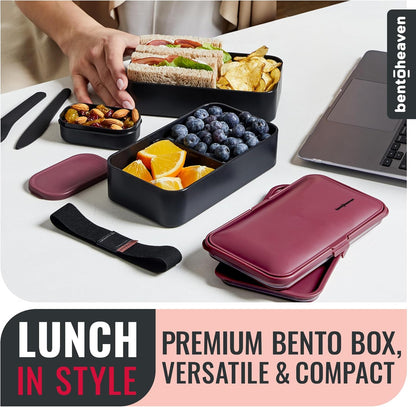 Bentoheaven Premium Bento Box Adult Lunch Box with Compartments for Women & Men, Set of Utensil & Chopsticks & Dip Container, Cute Japanese Kids Bento Lunch Box, Microwavable (Symph Onyx)
