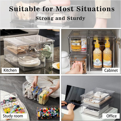 Mano Stackable Fridge Drawers Pull Out Bins with Handle Clear Refrigerator Drawers Organizer Food Storage Container Box with Dividers Plastic Produce Saver for Pantry, Cabinet, Kitchen, Clothes（7Pack）