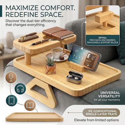 Premium Bamboo Sofa Arm Tray with 360° Swivel Lid & Phone Holder | 3-in-1 Couch Armrest Table with Hidden Storage for Drinks, Snacks, Remote (lid)