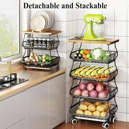 SAYZH Fruit Basket Kitchen Pantry Organizers and Storage - Wooden Top Table, Stackable Metal Wire Basket Stand Cart for Fruit Vegetable Snacks Onion Potato Organization (White, 5 Tiers)