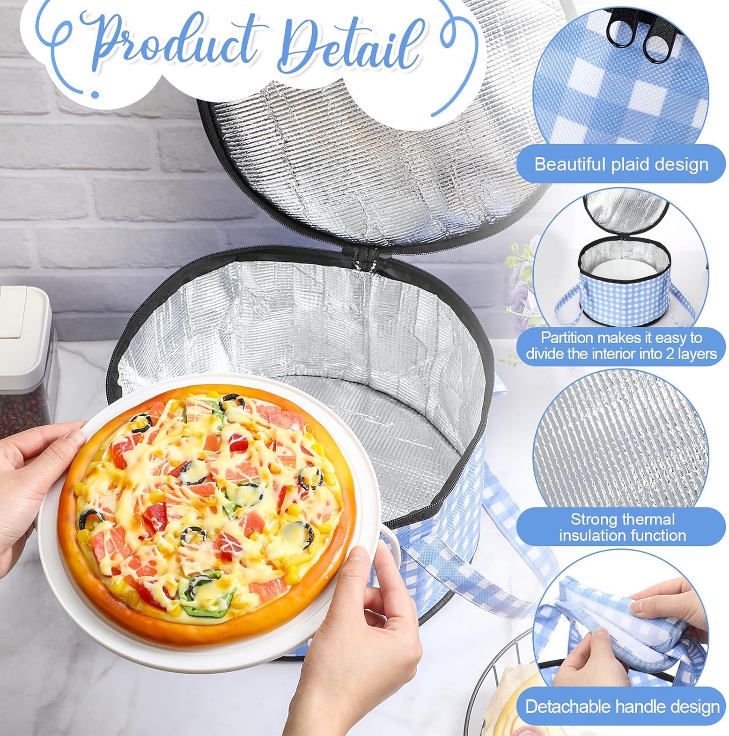 Pickmesh Round Pie Carrier 12 x 7 Inch Insulated Casserole Carriers with Lid and Detachable Handle Cake Carrier for Hot or Cold Food Transport Thanksgiving Christmas Gift (Blue and White Plaid)