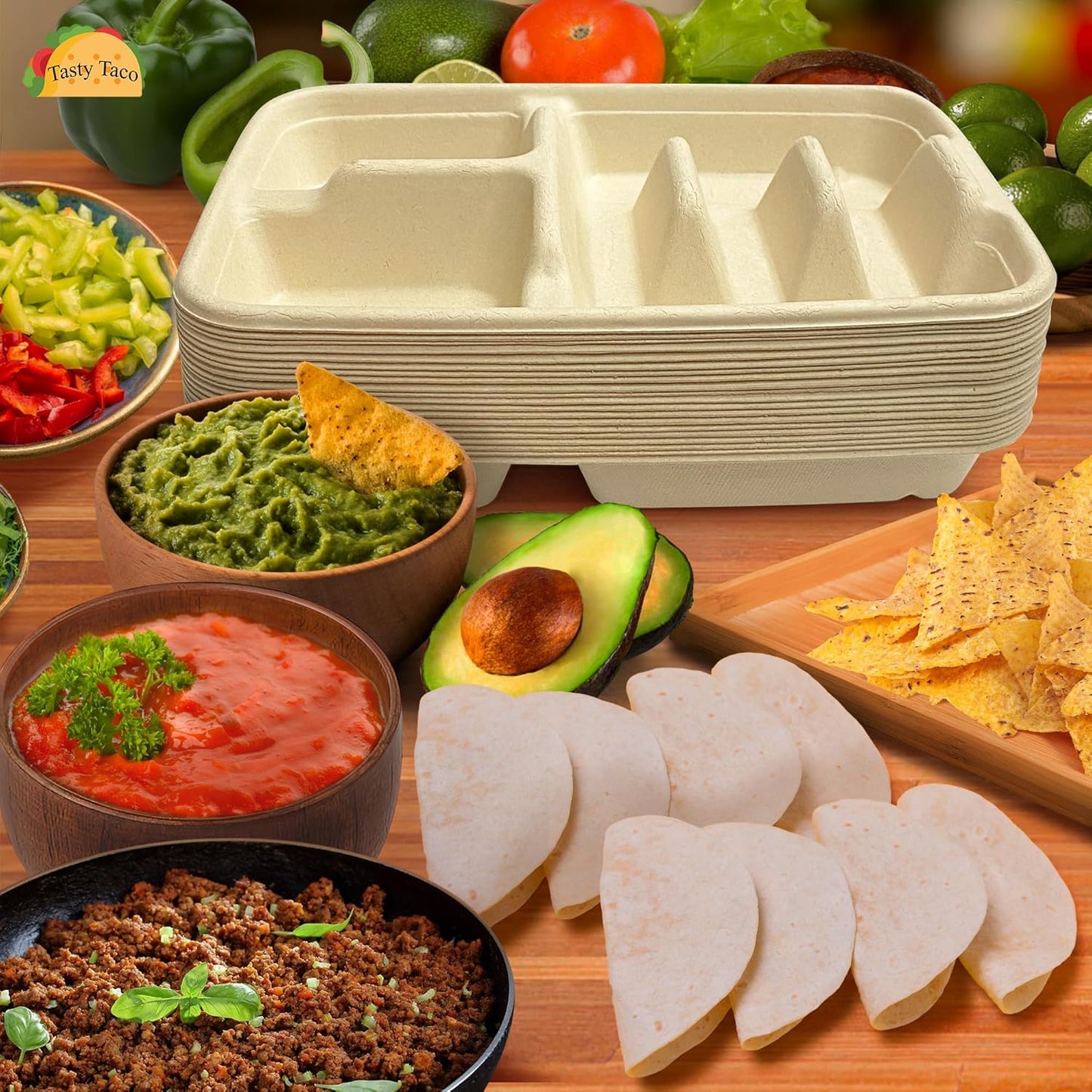 3-Taco & 2-Sides Taco Plates, Disposable Paper Plates with Dividers – 25 PACK | Taco Tray for Party, Fiesta Taco Holder, Taco Stand for Taco Tuesday & Taco Bar, Microwave-Safe Taco Plates (25 Plates)