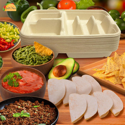 3-Taco & 2-Sides Taco Plates, Disposable Paper Plates with Dividers – 25 PACK | Taco Tray for Party, Fiesta Taco Holder, Taco Stand for Taco Tuesday & Taco Bar, Microwave-Safe Taco Plates (25 Plates)
