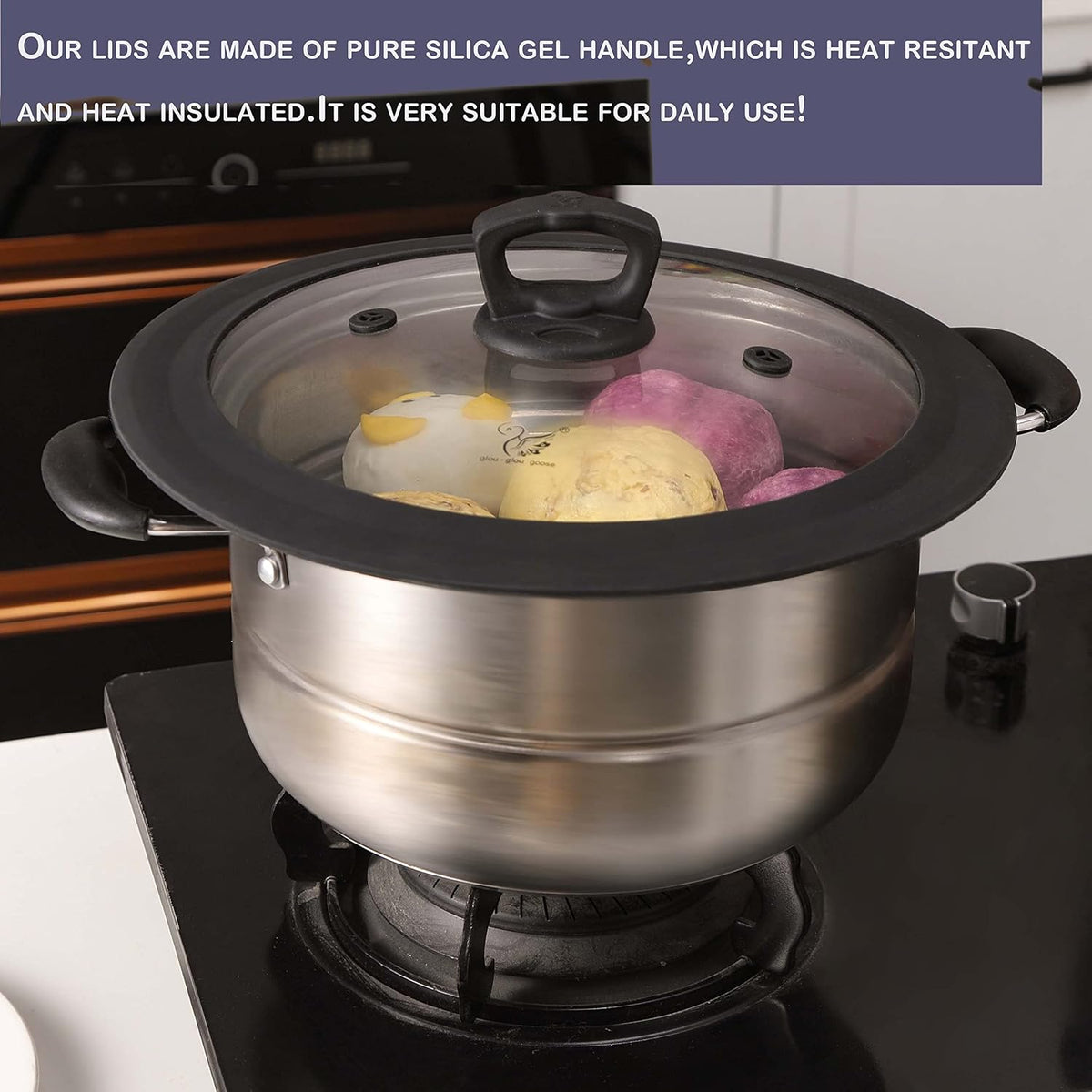 Vented Tempered Glass Universal Lid for Pot Pan Skillet with Heat Resistant Silicone Rim Microwave Splatter Lid Cover Microwave Safe Fit 11.5" 12" 12.5" Cookware, Dishwasher Safe Grey