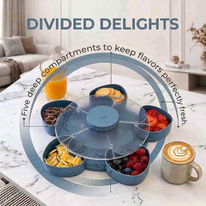 Divided Serving Tray that Spins – Perfect for Snacks, Dips & Party Appetizers with Lid, 5-Compartment Lazy Susan Organizer, Portable Veggie Platter for Party|Travel|Picnic (Blue)