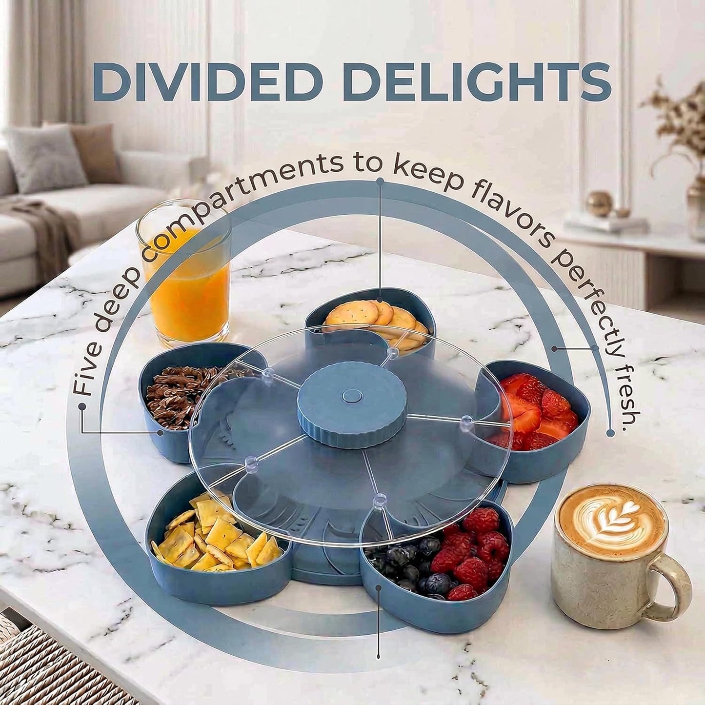 Divided Serving Tray that Spins – Perfect for Snacks, Dips & Party Appetizers with Lid, 5-Compartment Lazy Susan Organizer, Portable Veggie Platter for Party|Travel|Picnic (Blue)