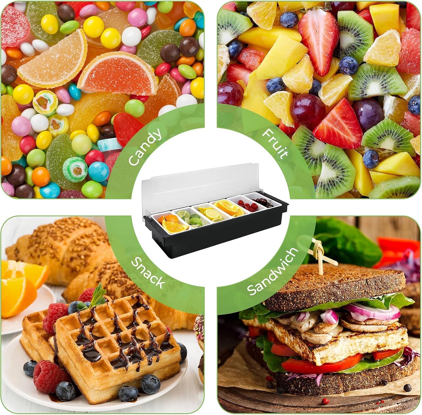 Ice Cooled Condiment Serving Container Fruit Veggie Condiment Caddy Plastic Garnish Station with Lid for Fruit,Ice Cream,Salad Bar-Topping Organizer for Restaurant Supplies (3 Compartments)