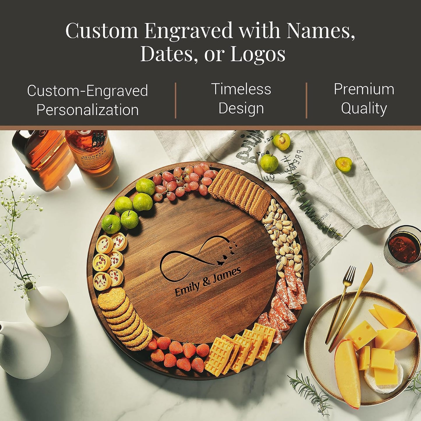 Shanik Acacia Wood Lazy Susan Cheese Board Set – Rotating Charcuterie Platter, Elegant Serving Tray for Appetizers, Snacks, Parties & Weddings