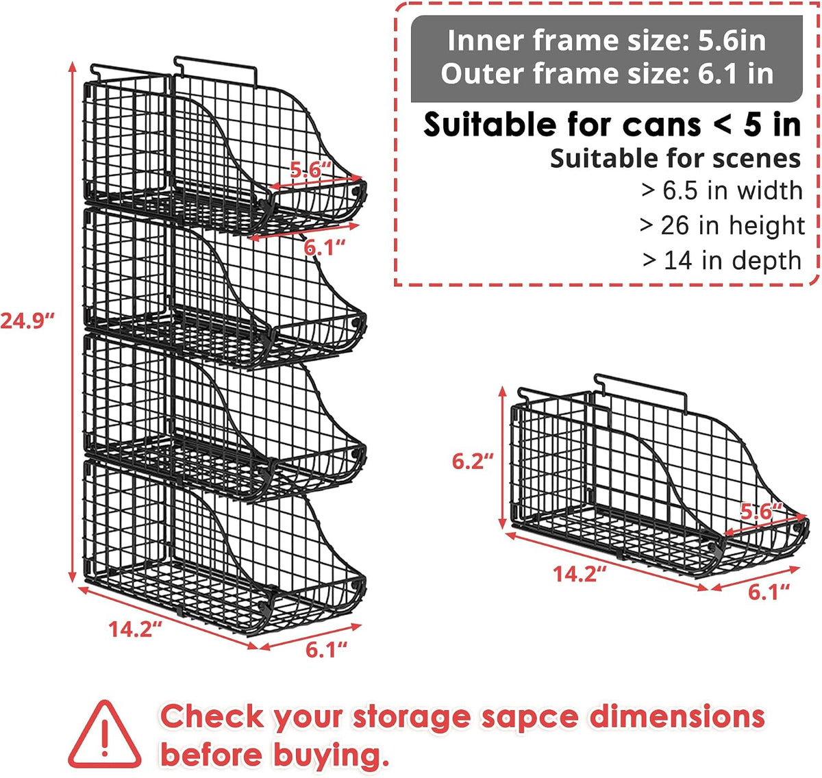 Sonyabecca 4-Pack Stackable Canned Food Organizer with Handles, Soda Can Organizer for Kitchen Pantry Shelves, Foldable Wire Cabinet Shelf for Can Storage, Patent Pending, Black