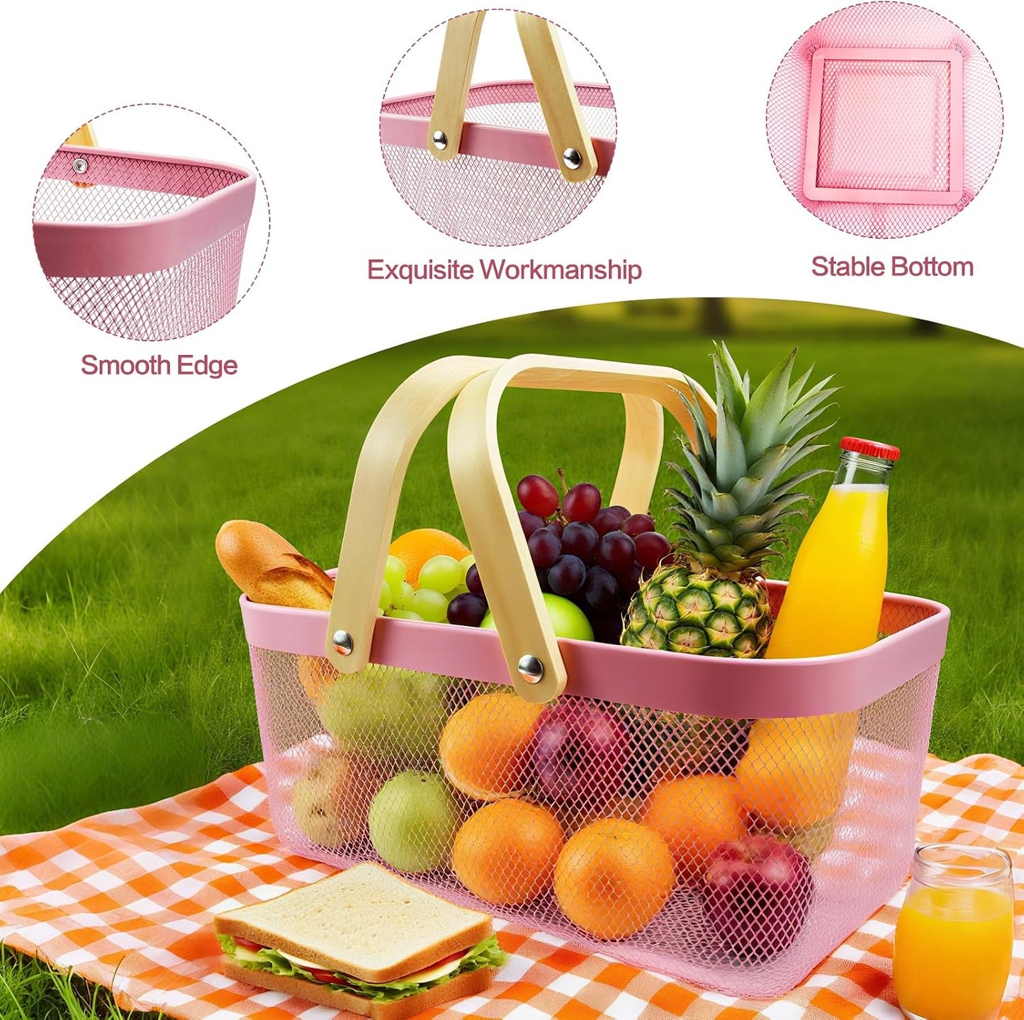 Cheardia 2 Pack Picnic Baskets, Metal Mesh Harvest Basket with Foldable Wooden Handle, Rectangle Garden Storage Basket Bin for Vegetable Fruit Garden Kitchen Cabinet Picking Gathering