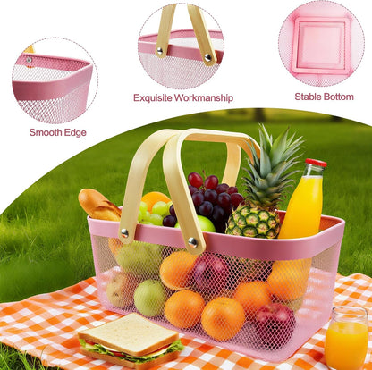 Cheardia 2 Pack Picnic Baskets, Metal Mesh Harvest Basket with Foldable Wooden Handle, Rectangle Garden Storage Basket Bin for Vegetable Fruit Garden Kitchen Cabinet Picking Gathering