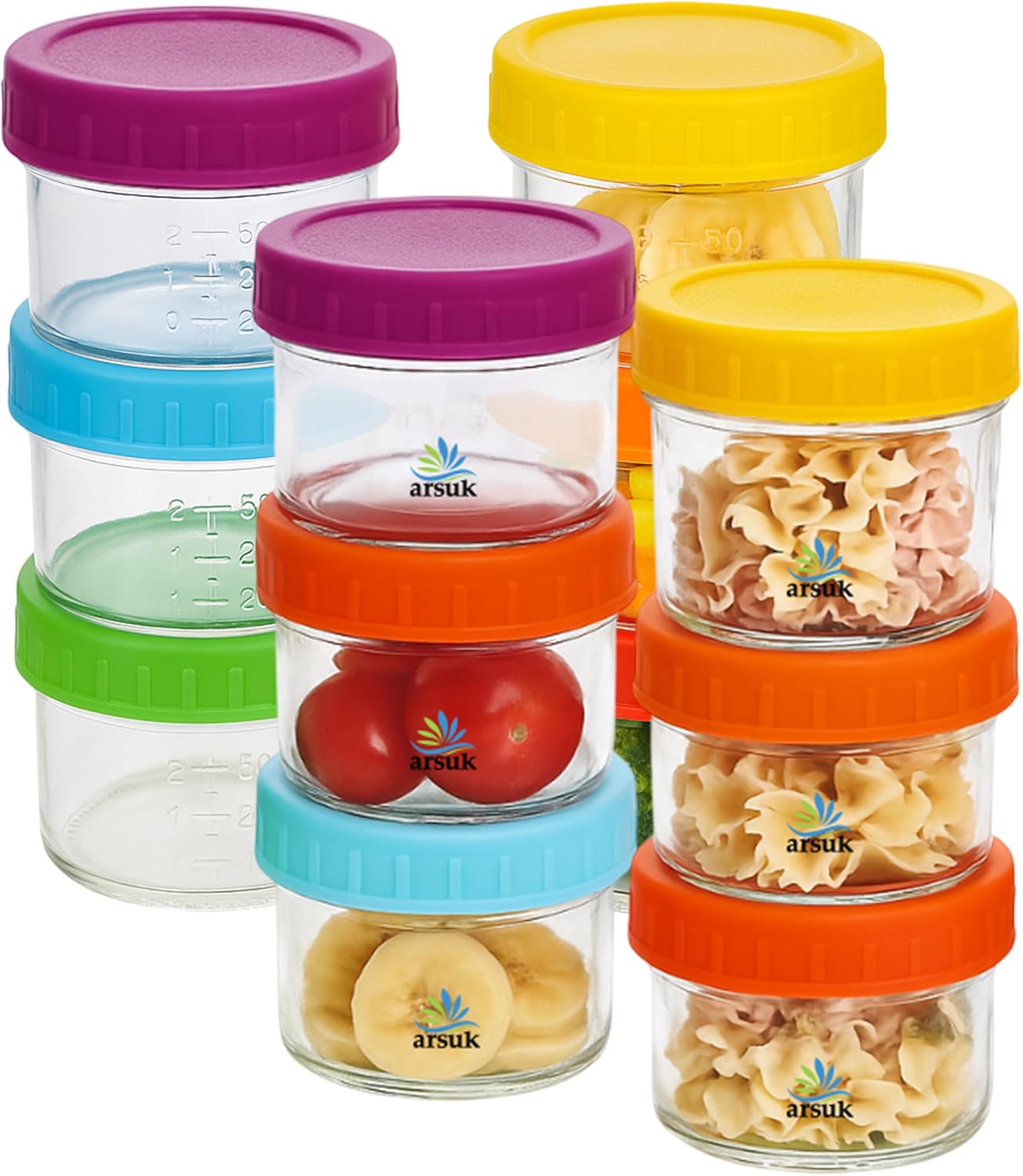ARSUK 4Oz Glass Food Storage Containers with Snap-On BPA-Free Lids 12 Pack - Small Glass Jars for Sauce, Spices, Meal Prep - Reusable & Dishwasher Microwave Fridge Freezer Safe