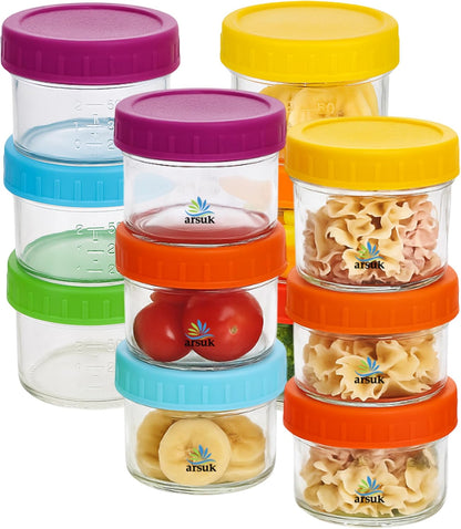ARSUK 4Oz Glass Food Storage Containers with Snap-On BPA-Free Lids 12 Pack - Small Glass Jars for Sauce, Spices, Meal Prep - Reusable & Dishwasher Microwave Fridge Freezer Safe