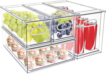 3Pack Fridge Organizer Drawer Divider Cube Pull-Out Bins Clear Food Container Refrigerator Storage box Produce Saver for Pantry Kitchen Cabinet
