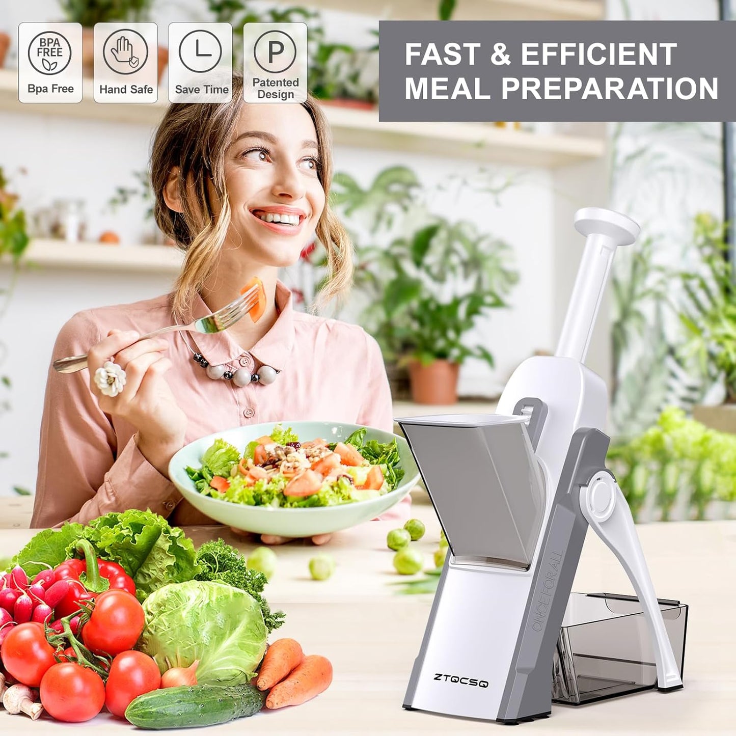 [7 in 1 ] Vegetable Slicer for Kitchen, Safe Mandoline Slicer, Adjustable Veggie Potato French Fry Cutter, Wider Tray & Stainless Steel Grater & Filter Basket & Lid & Cleaning Brush (Gray Pro)
