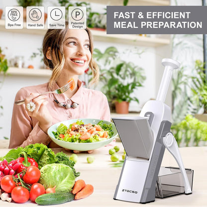 [7 in 1 ] Vegetable Slicer for Kitchen, Safe Mandoline Slicer, Adjustable Veggie Potato French Fry Cutter, Wider Tray & Stainless Steel Grater & Filter Basket & Lid & Cleaning Brush (Gray Pro)