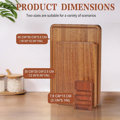 Solid Teak Wood Cutting Board Set One Piece Non Glued Large Thick Crack Resistant Wooden Chopping Board with DeepJuice Grooves Built in Handles for Kitchen Meat Bread 15x10.2IN &11.8 * 7.9IN