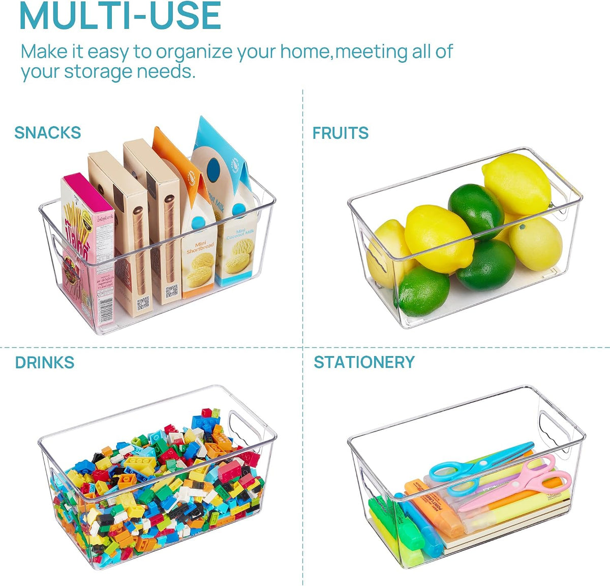 Vtopmart Clear Plastic Storage Bins, 6 PCS Pantry Organizer Bins with Handle for Refrigerator, Fridge, Cabinet, Kitchen, Countertops, Cupboard, Freezer Organization and Storage, Large