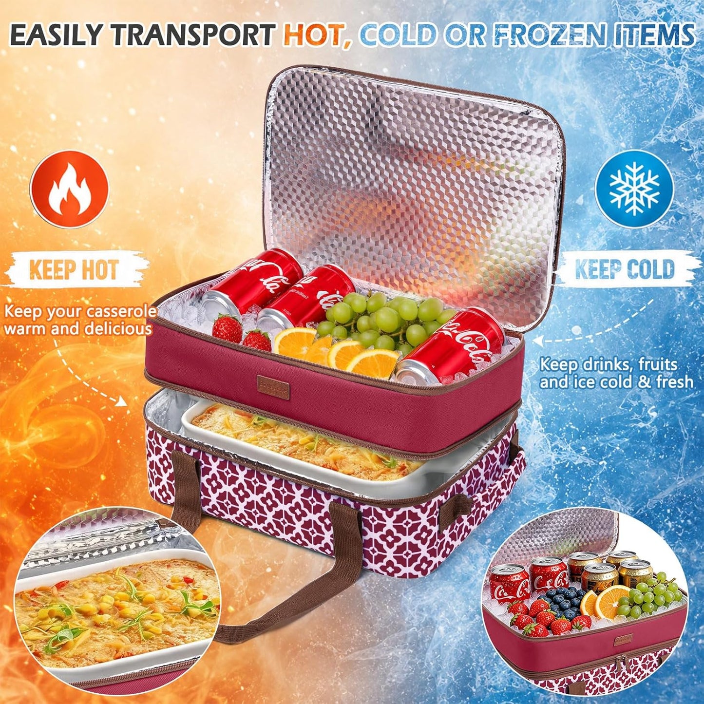 Double Layer Insulated Casserole Carrier, Fits 9" x 13" Baking Dish, Food Transport Carrier with Utensil Pocket for Hot & Cold Dishes, Reusable Potluck Tote for Thanksgiving, Parties&Family Gatherings