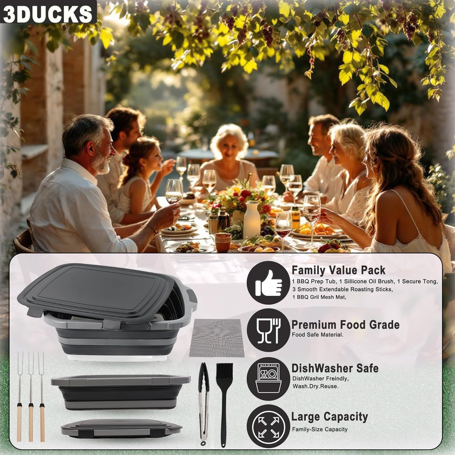 Collapsible BBQ Prep Tub 8L Black | Portable Meat Marinating Container with Locking Cutting Board Lid, BBQ Tongs, 2 Meat Shredding Claws & 2 Heat-Resistant Grill Gloves for Camping & Grilling