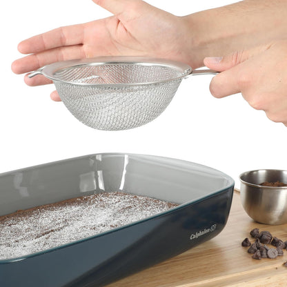 Calphalon Prime Edge 5-Inch Stainless Steel Strainer, Fine Mesh Kitchen Colander Strainer with Thermoplastic Rubber Handle, Sifter for Rinsing, Draining & Straining Food, Navy