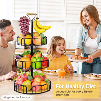 PouHenier.jh 3 Tier Rotating Fruit Basket Bowl, Kitchen Counter Wire Produce Organizer Holder, Stable Vegetable Storage Stand with 2 Banana Hangers, Countertop Tiered Veggie Rack, Easy Setup, Black
