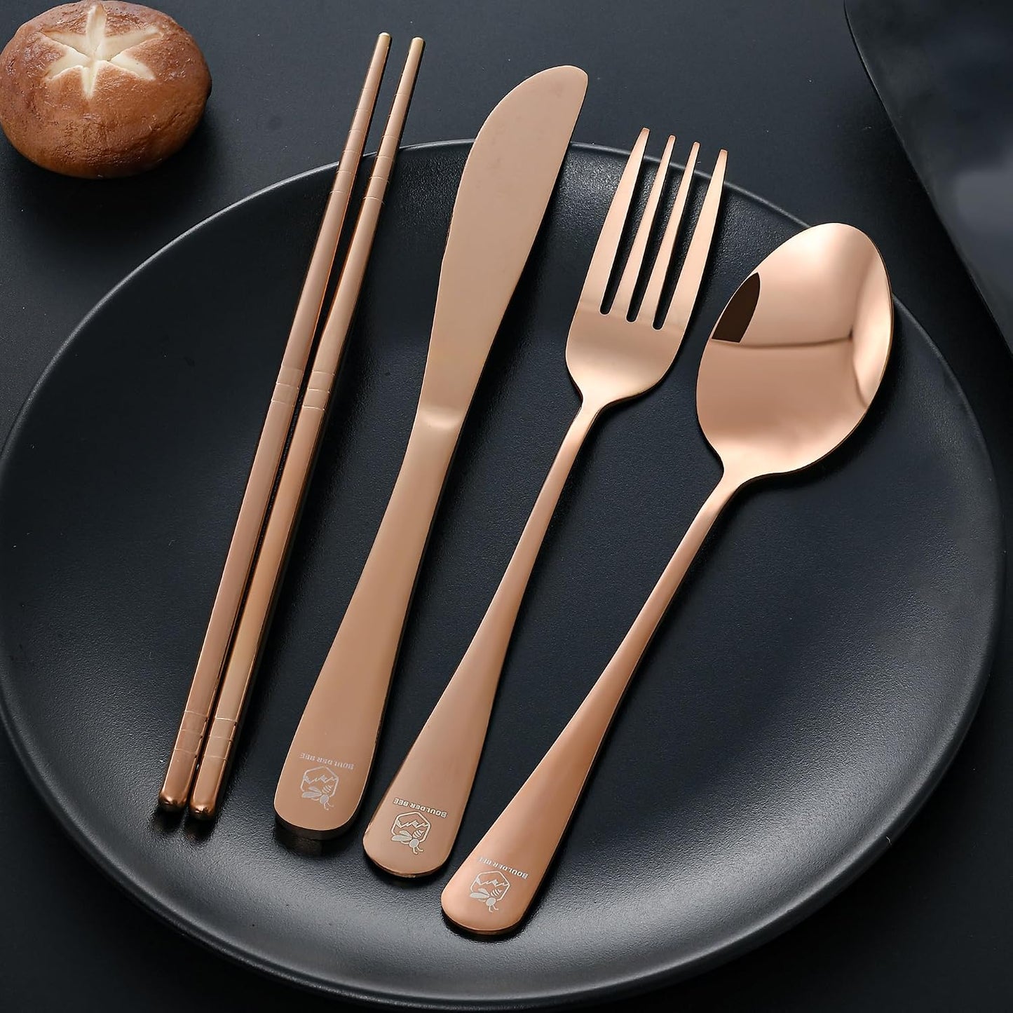 Boulder Bee | Travel Utensils Set | Reusable Camping Cutlery Set | Stainless Steel Flatware Set | Portable Silverware Set with Case | Includes Knife/Fork/Spoon/Straw/Cleaning Cloth/Case (Purple)