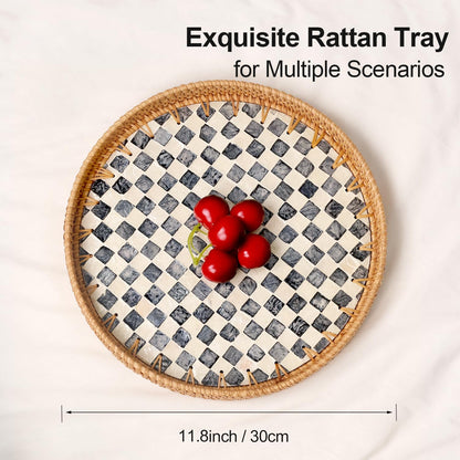 Round Rattan Tray with Mother of Pearl Inlay, Rattan Serving Tray for Coffee, Bread, Fruits, Decorative Wicker Tray for Table Decor, Home Decor, Kitchen Island Decor(Black Checkerboard, 11.8")