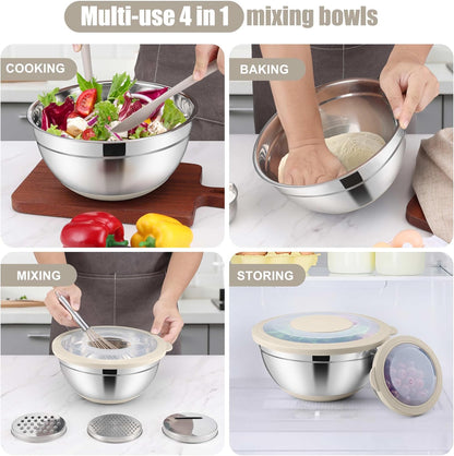 E-far Mixing Bowls with Lids Set, 15PCS Stainless Steel Mixing Nesting Bowl with Colander & 3 Metal Grater for Kitchen Prep/Baking/Storage, Non-Slip Bottom & Airtight Lid, 4.6, 3, 1.5, 1, 0.7QT, Black