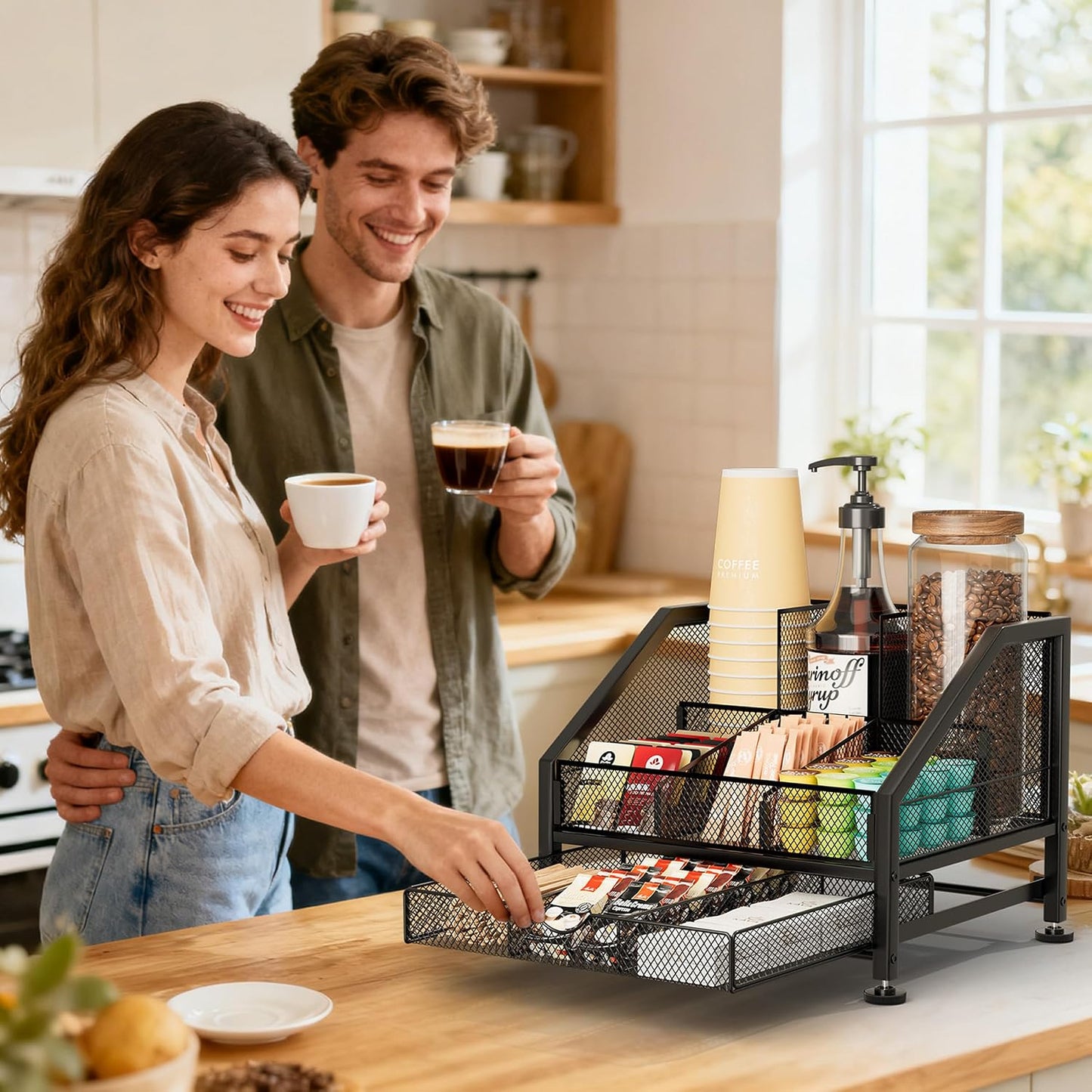 SWTYMIKI Coffee Bar Organizer for Countertop – Space-Saving Kcup Organizer with Tiered Shelves, Countertop Coffee Station for Pods, Sugar, Syrup, Cups, Stirrers, Mesh Condiment Storage
