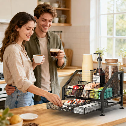 SWTYMIKI Coffee Bar Organizer for Countertop – Space-Saving Kcup Organizer with Tiered Shelves, Countertop Coffee Station for Pods, Sugar, Syrup, Cups, Stirrers, Mesh Condiment Storage