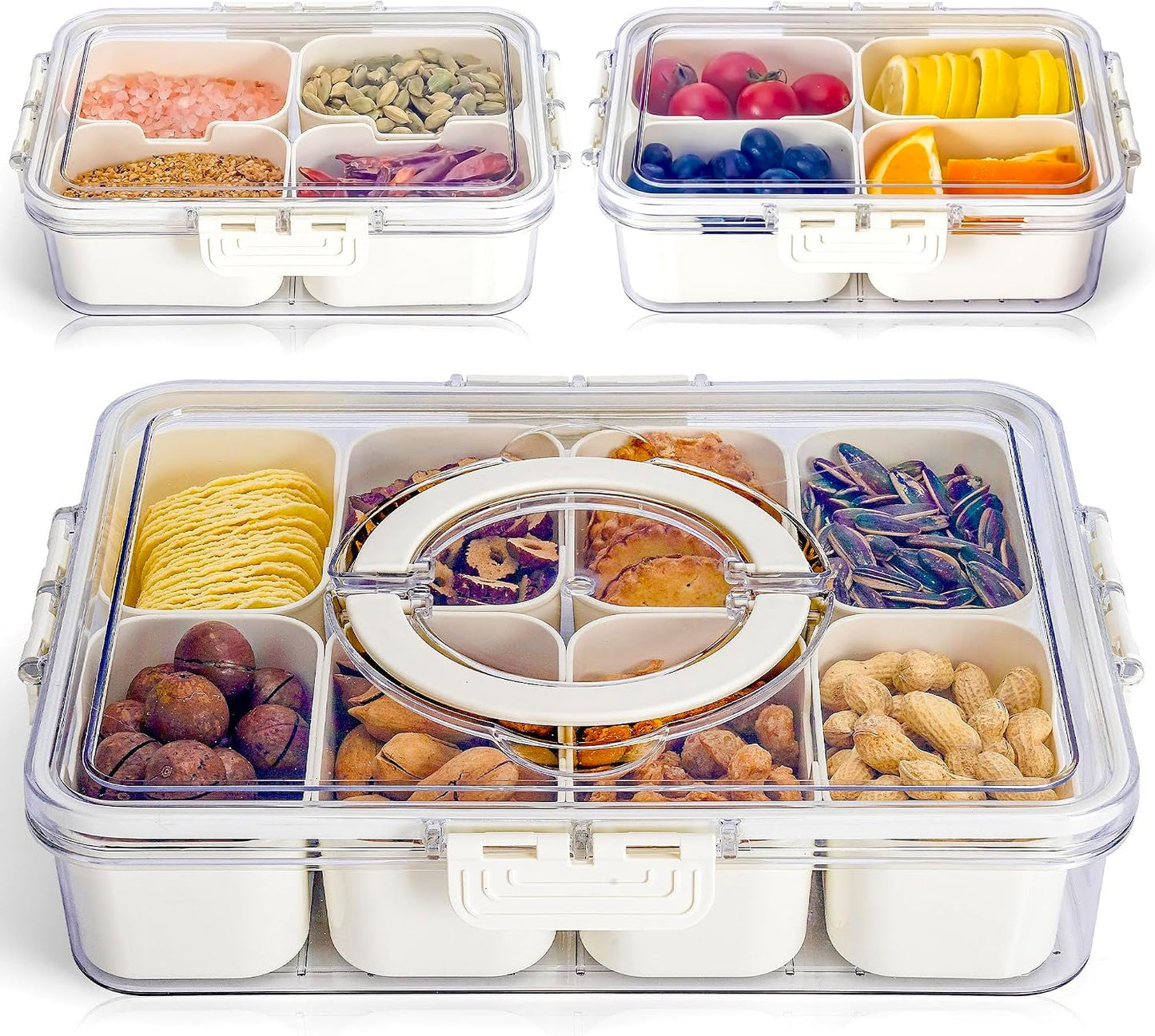 Divided Serving Tray with Lid and Handle - Snacklebox 3 Pcs Charcuterie Container for Portable Snack Platters & Storage Organizer for Fruits, Nuts, Candy, Snacks - Perfect for Travel and Entertaining