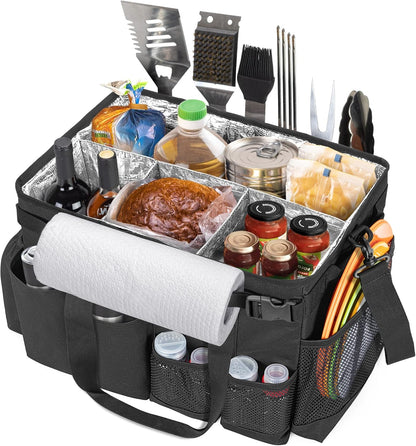 HODRANT Large Grill Utensil Caddy with Paper Towel Holder, Outdoor Picnic Bag Organizer for BBQ Supplies Tool, Tailgating Accessory Basket Camping Gear Must Haves for Cook Essentials, Black, Bag Only