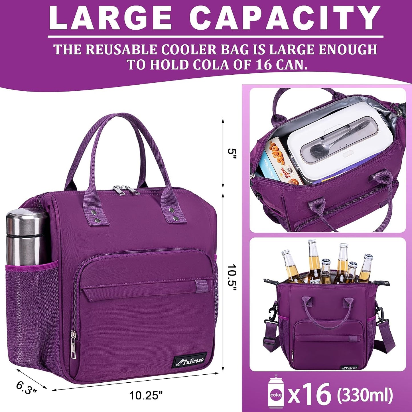TuErCao Small Lunch Bag Lightweight Insulated Lunch Box for Women Work Portable Soft Cooler for Picnic Travel Road Trips, Loncheras para Mujer, Black