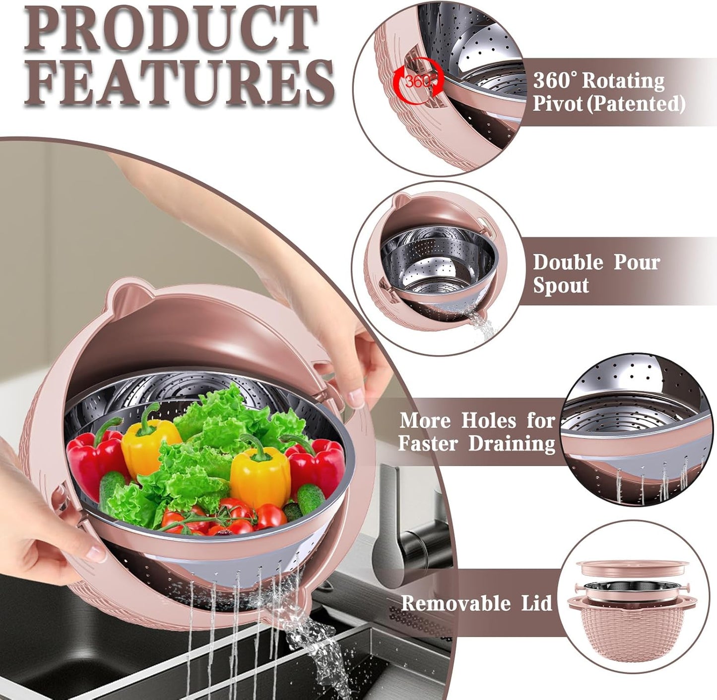 4-in-1 Colander with Bowl Set — Patented 360° Rotatable Strainer Bowl with 3 Graters, Snap-On Lid & Non-Slip Base, Funny Kitchen Present for Women, Aesthetic Pasta Fruit Vegetable Strainer (Beige)