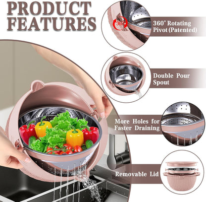 4-in-1 Colander with Bowl Set — Patented 360° Rotatable Strainer Bowl with 3 Graters, Snap-On Lid & Non-Slip Base, Funny Kitchen Present for Women, Aesthetic Pasta Fruit Vegetable Strainer (Beige)