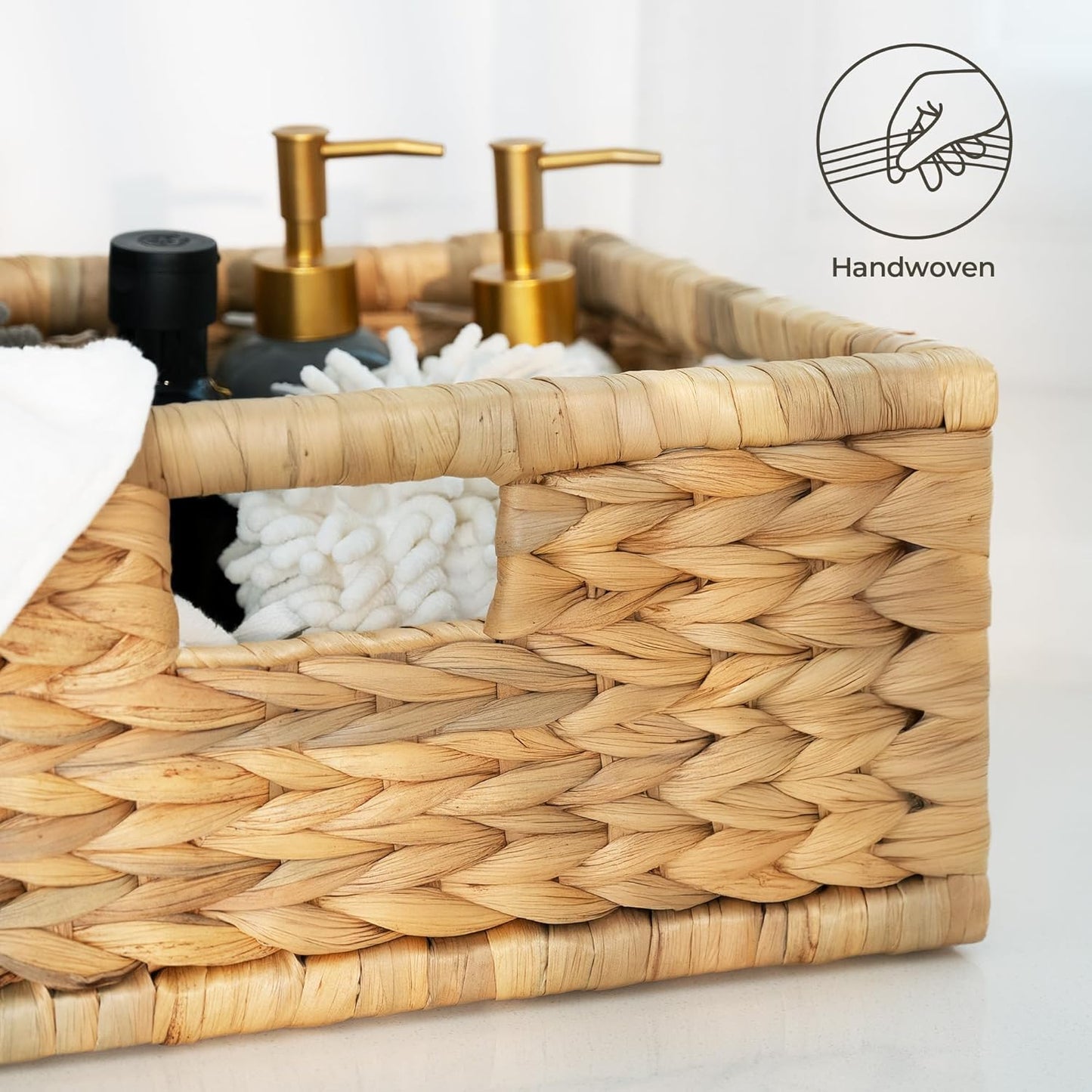 StorageWorks Wicker Basket for Organizing, Pantry Organizer with Wooden Frame, Water Hyacinth Storage Basket for Shelves