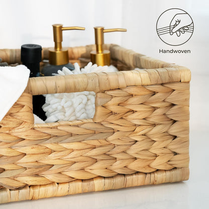 StorageWorks Wicker Basket for Organizing, Pantry Organizer with Wooden Frame, Water Hyacinth Storage Basket for Shelves