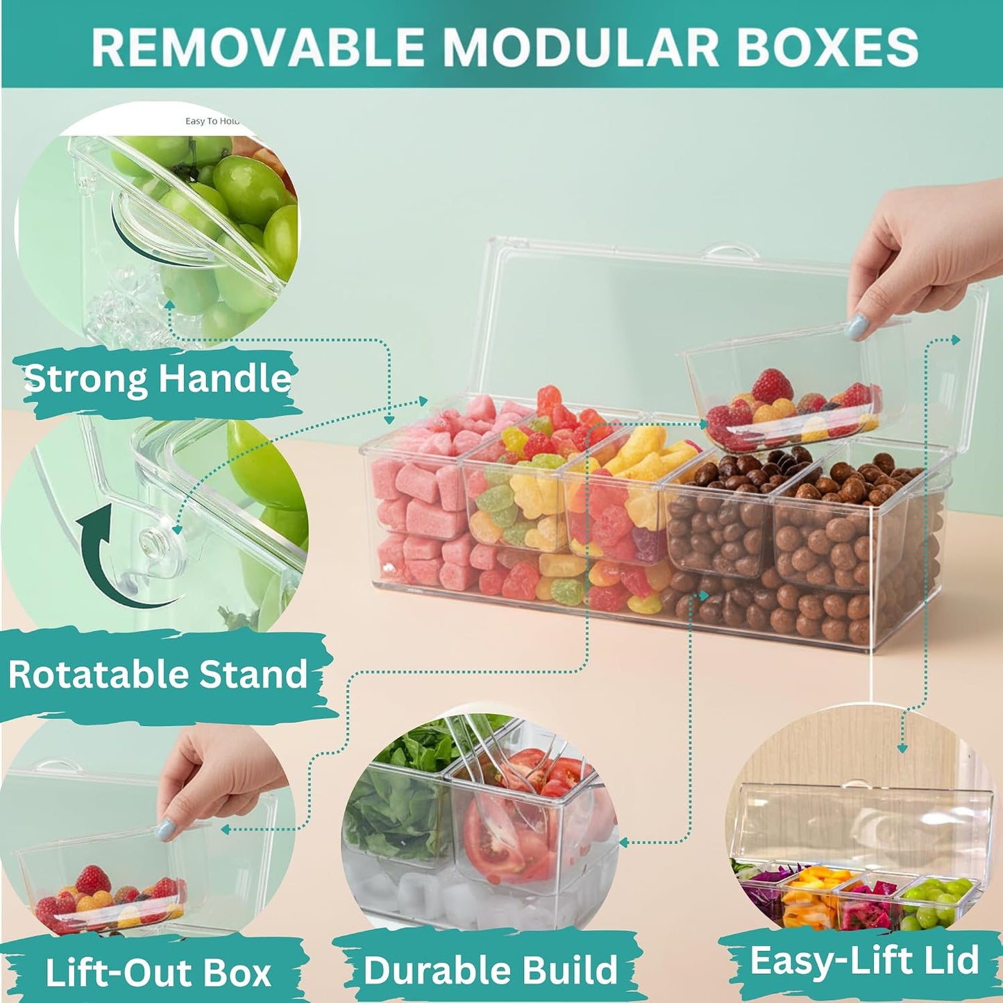 Ice Chilled Condiment Server with Lids – Includes 19 Serving Accessories (Tongs, Spoons, Forks) – 5 Compartment Fruit & Veggie Tray for Parties, Taco Bar, Picnics & Outdoor Entertaining