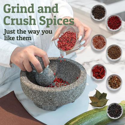 PriorityChef Granite Mortar and Pestle Set - 6.1 Inch Natural Stone Molcajete Mexicano for Spices, Seasonings, Pastes - Pestle and Mortar Bowl for Fresh Guacamole, Salsa, Pesto, Small, Grey