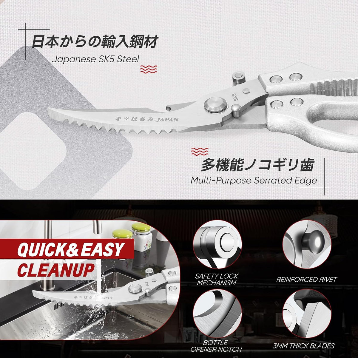 TIVOLI Multifunctional Poultry Shears Silver with Non-Slip Handle