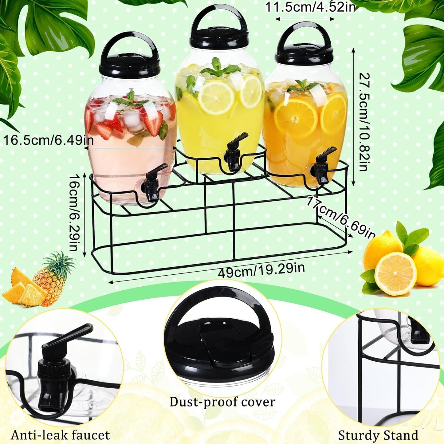 Tanlade 3 Pcs Plastic Drink Dispenser with Spigot and Metal Stand 1.2 Gallon Beverage Dispenser for Parties Juice Dispensers Lemonade Jar with Lids for Cold Drink Tea Water Container