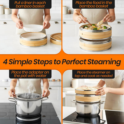 Bamboo Steamer Basket | 2 Tier 10-Inch steaming basket for Dim Sum, Bao Buns, Momos, Rice & Vegetables | Dumpling Steamer, Complete Kit: 4 Reusable Liners, 2 Sauce Dish, 2 Chopsticks, Ring Adapter | Natural Bamboo dumpling steaming basket Kit