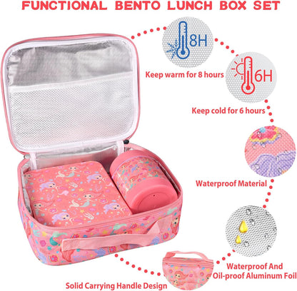 Bento Lunch Box Set for Kids with 10oz Soup Thermo, Leak-Proof Lunch Containers with 4 Compartment, Kids Thermo Hot Food Jar and Insulated Lunch Bag for Kid to School,BPA-Free(Dragon)