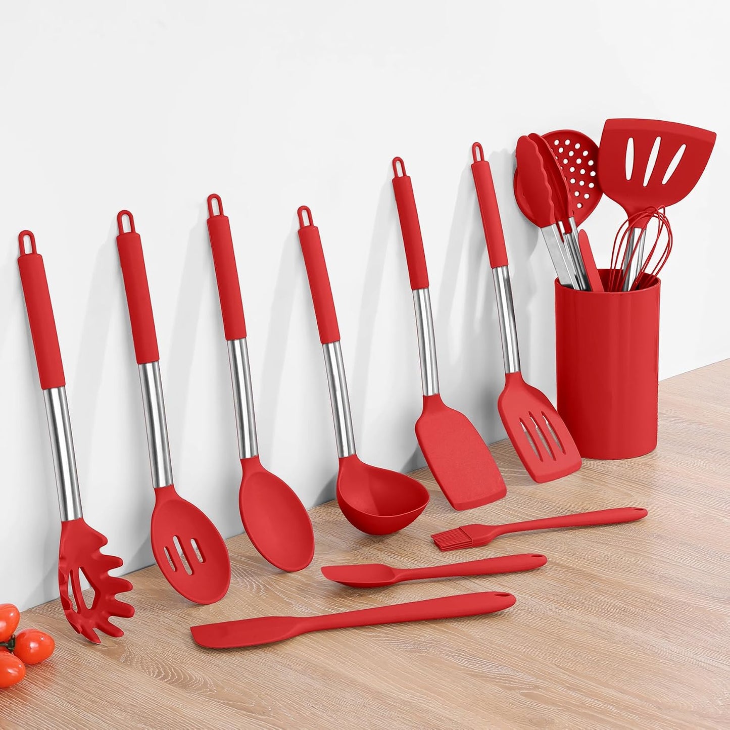 Onader Kitchen Utensils Set, 15 Pcs Silicone Cooking Utensils Set with Holder and Heat Resistant Stainless Steel Handle for Nonstick Cookware - Black