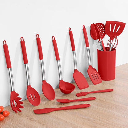 Onader Kitchen Utensils Set, 15 Pcs Silicone Cooking Utensils Set with Holder and Heat Resistant Stainless Steel Handle for Nonstick Cookware - Black