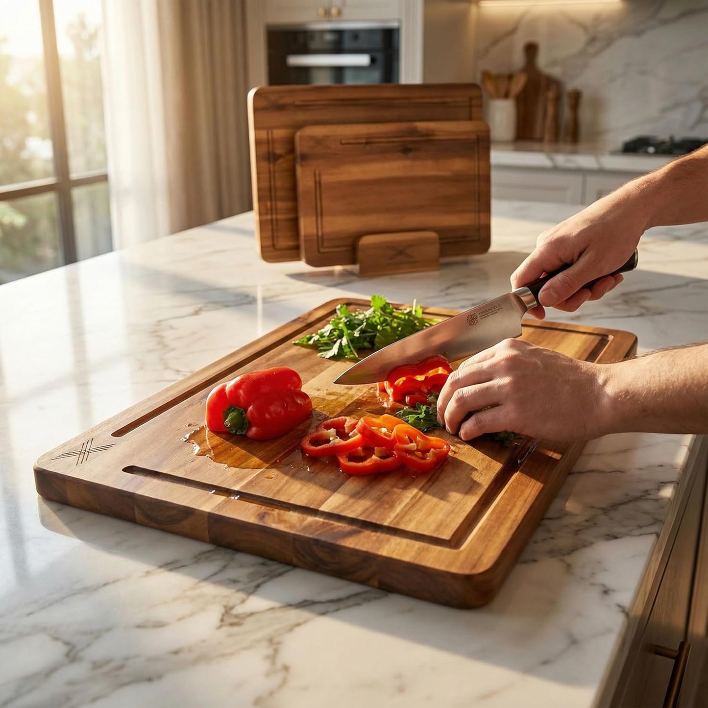 Acacia Wood Cutting Board Set of 3 with Stand - Thick Wooden Chopping Boards with Deep Juice Grooves - Non-Slip & Durable Wooden Boards for Meat & Vegetables (16x12, 14x10, 12x8) - Natural