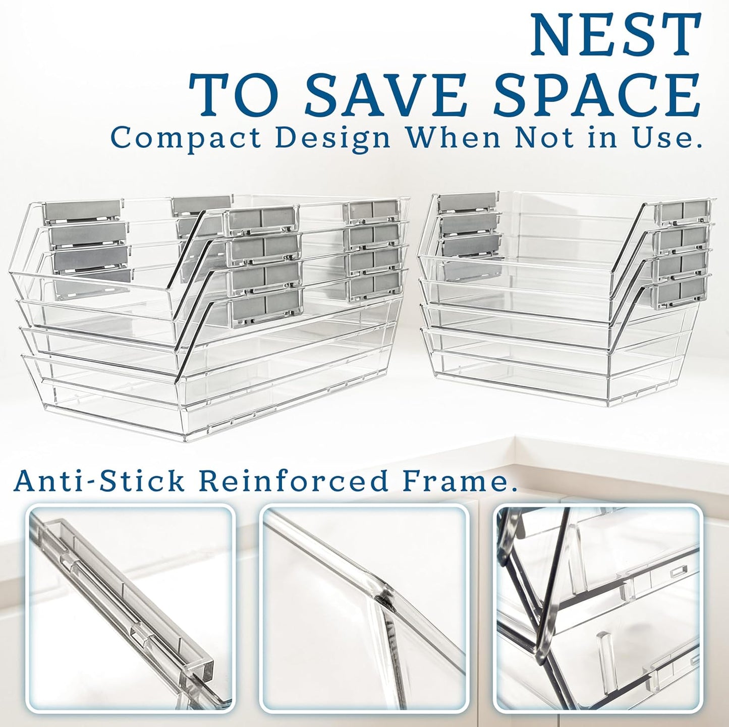 HOMESTEAD Set of 4 Stackable Storage Bins, 2 Large + 2 Small Clear Plastic Organizer Bins, Open Front Design for Kitchen Pantry, Fridge, Cabinet, Bathroom Organization and Snack Storage